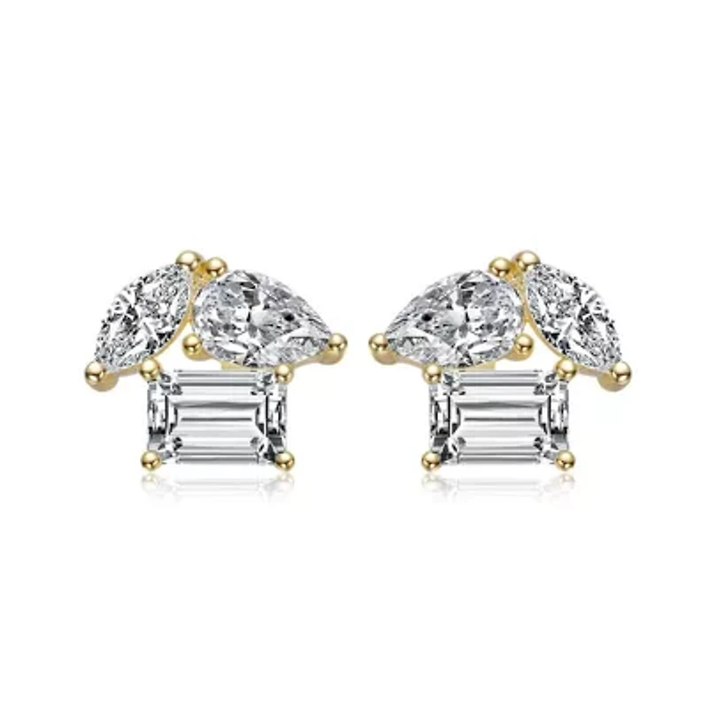 Lab Created Sterling Silver 14K Gold Plated with Clear Marquise & Emerald Cut Triple Stone Stud Earrings