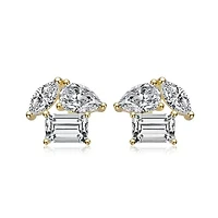 Lab Created Sterling Silver 14K Gold Plated with Clear Marquise & Emerald Cut Triple Stone Stud Earrings
