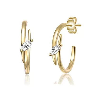Lab Created Sterling Silver 14K Gold Plated with Clear Cubic Zirconia Double Curve C-Hoop Earrings