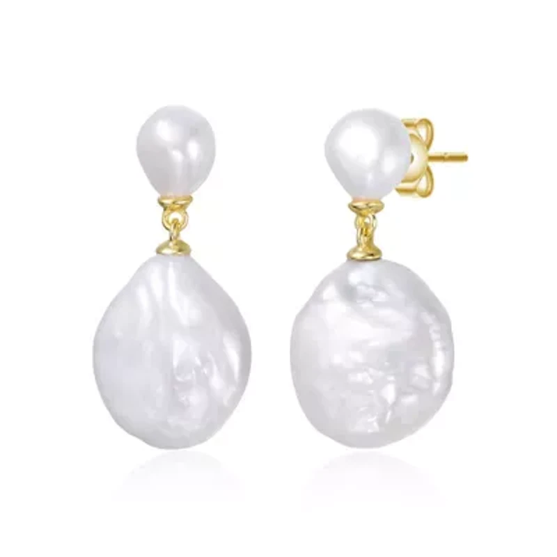 Lab Created Sterling Silver 14K Gold Plated with Mother of Pearl Coin Drop Dangle Earrings