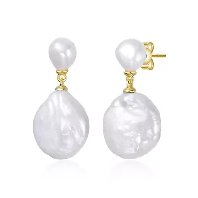 Lab Created Sterling Silver 14K Gold Plated with Mother of Pearl Coin Drop Dangle Earrings