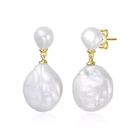 Lab Created Sterling Silver 14K Gold Plated with Mother of Pearl Coin Drop Dangle Earrings