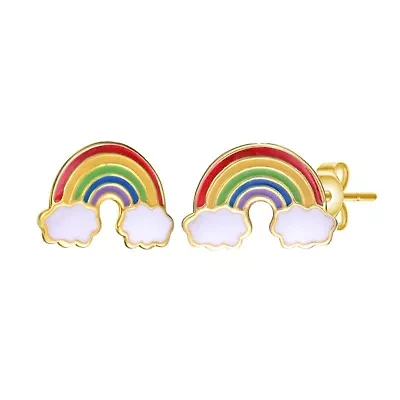 Sterling Silver 14K Gold Plated with Colorful Rainbow Enamel & White Cloud Stud Earrings for Kids