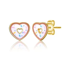 Sterling Silver 14K Gold Plated Sprinkled Donut Heart Halo Stud Earrings for Kids