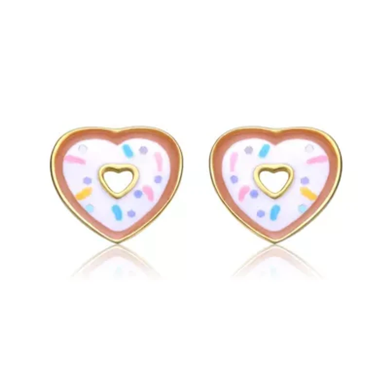 Sterling Silver 14K Gold Plated Sprinkled Donut Heart Halo Stud Earrings for Kids