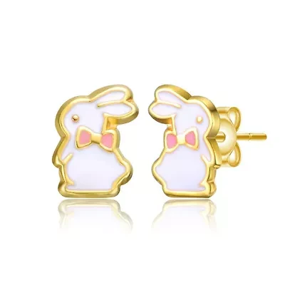 Sterling Silver 14K Gold Plated White Enamel & Pink Bow Tie Bunny Rabbit Stud Earrings for Kids