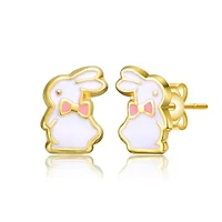 Sterling Silver 14K Gold Plated White Enamel & Pink Bow Tie Bunny Rabbit Stud Earrings for Kids