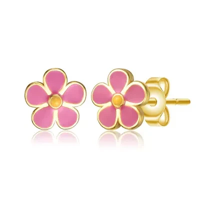 Sterling Silver 14K Gold Plated Fuchsia-Pink & Yellow Enamel Daisy Stud Earrings for Kids