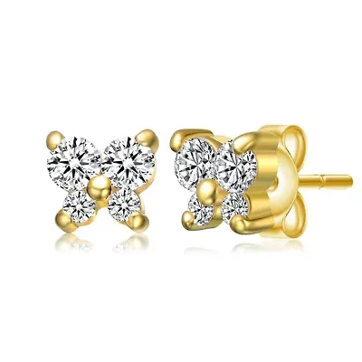 Lab Created Sterling Silver 14K Gold Plated with Clear Cubic Zirconia Four-Stone Butterfly Cluster Stud Earrings for Kids