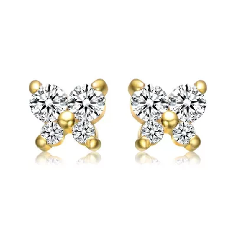 Lab Created Sterling Silver 14K Gold Plated with Clear Cubic Zirconia Four-Stone Butterfly Cluster Stud Earrings for Kids