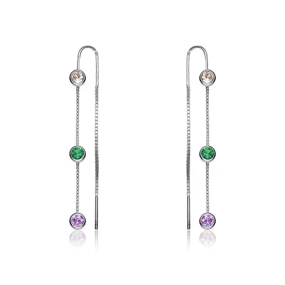 Lab Created Sterling Silver White Gold Plated with Round Multi-Color Bezel Set Threaded Earrings