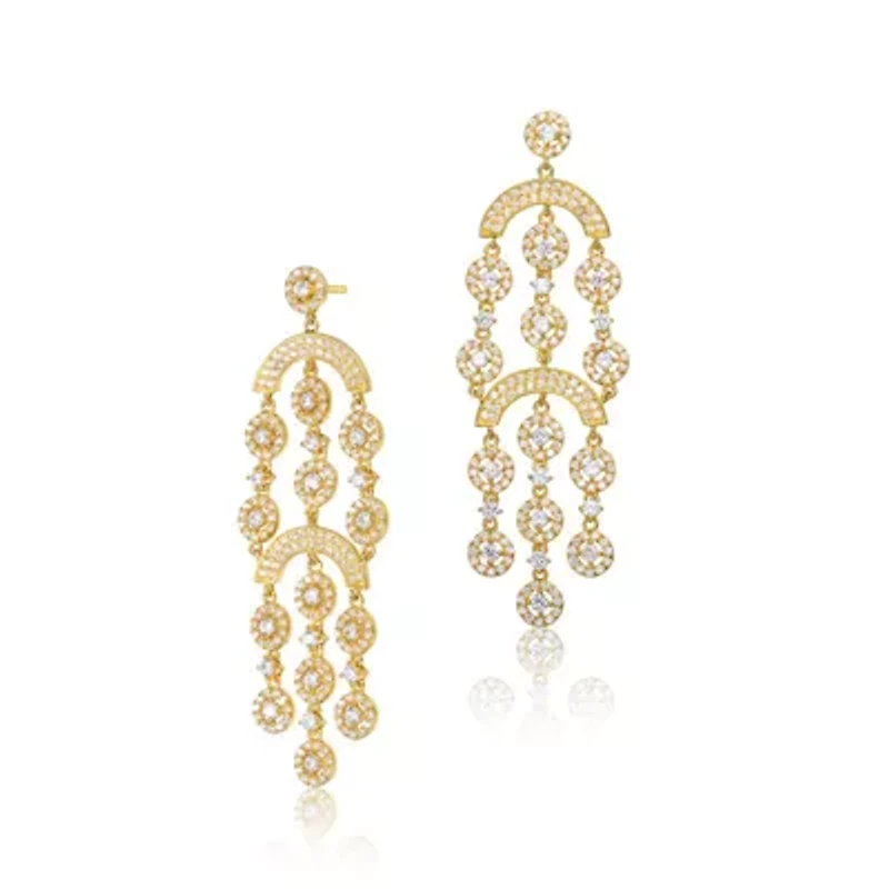 Lab Created Sterling Silver 14K Gold Plated with Clear Cubic Zirconia Double Tier Chandelier Drop Earrings