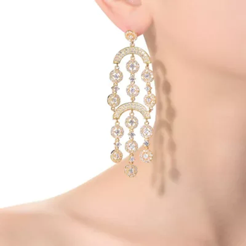 Lab Created Sterling Silver 14K Gold Plated with Clear Cubic Zirconia Double Tier Chandelier Drop Earrings