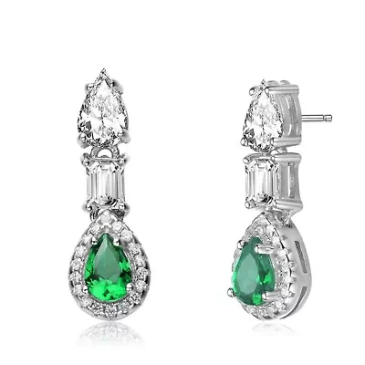 Lab Created Sterling Silver White Gold Plated with Emerald Green Cubic Zirconia Drop Earrings