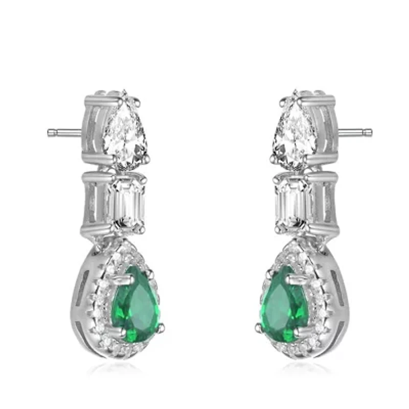 Lab Created Sterling Silver White Gold Plated with Emerald Green Cubic Zirconia Drop Earrings