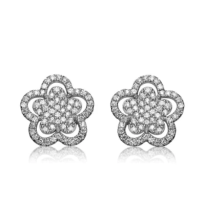 Lab Created Sterling Silver White Gold Plating with Clear Cubic Zirconia Double flower Stud Earrings