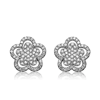 Lab Created Sterling Silver White Gold Plating with Clear Cubic Zirconia Double flower Stud Earrings
