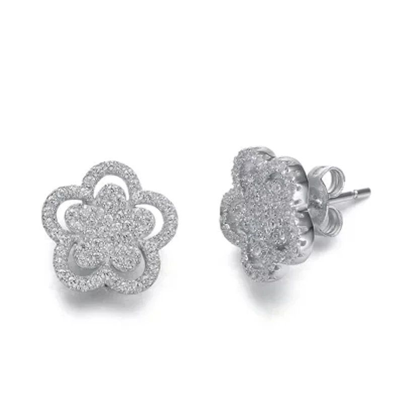Lab Created Sterling Silver White Gold Plating with Clear Cubic Zirconia Double flower Stud Earrings