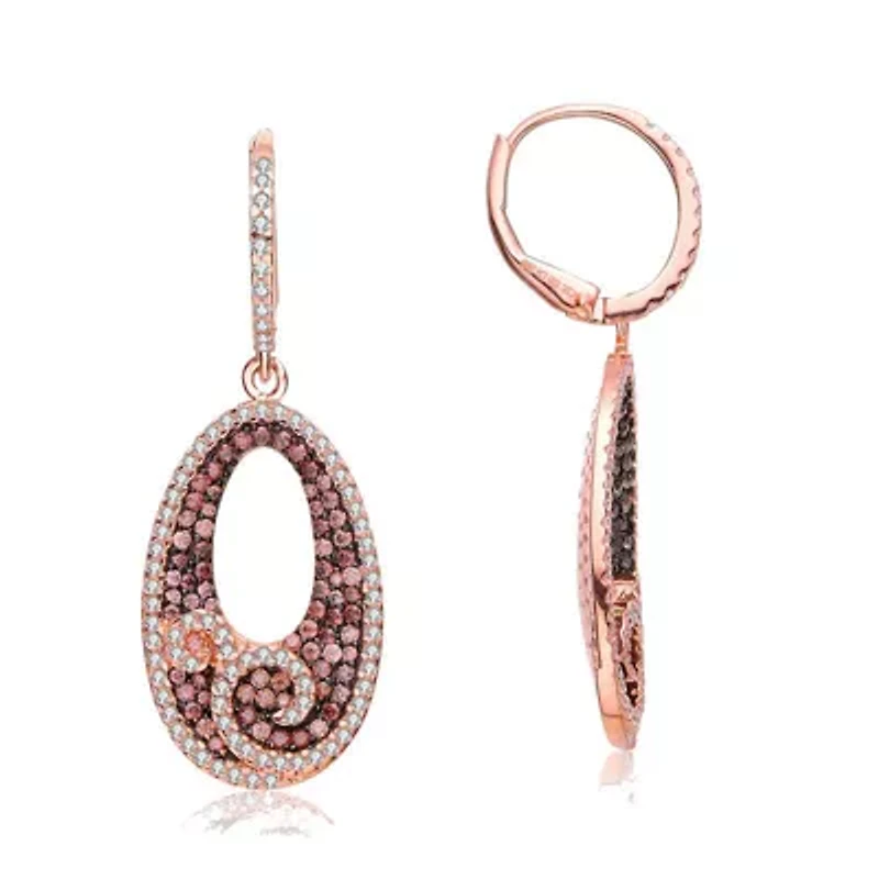 Lab Created Sterling Silver 18K Rose Gold Plating with Cubic Zirconia Open Oval Dangle Swirl Earring