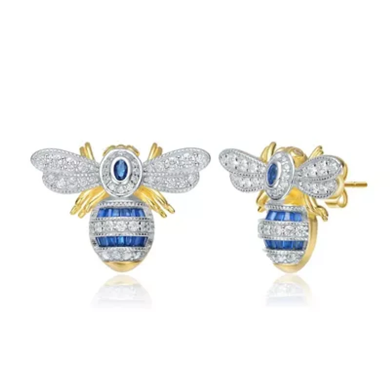 Lab Created Sterling Silver 14K Gold Plated with Sapphire Blue Cubic Zirconia Wasp Stud Earrings