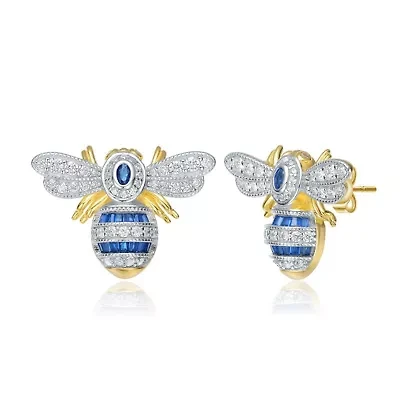 Lab Created Sterling Silver 14K Gold Plated with Sapphire Blue Cubic Zirconia Wasp Stud Earrings