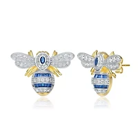 Lab Created Sterling Silver 14K Gold Plated with Sapphire Blue Cubic Zirconia Wasp Stud Earrings