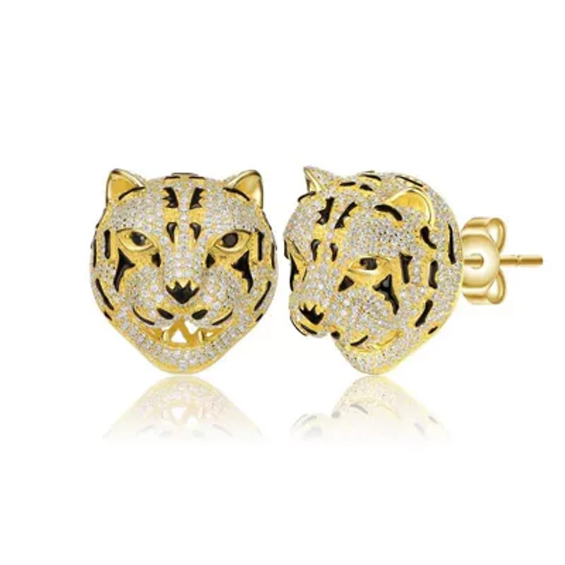 Lab Created Sterling Silver 14K Gold Plated with Clear Cubic Zirconia Leopard Head Stud Earrings