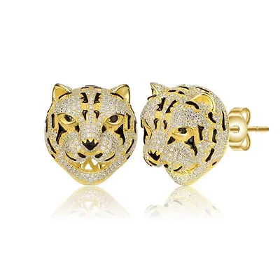 Lab Created Sterling Silver 14K Gold Plated with Clear Cubic Zirconia Leopard Head Stud Earrings