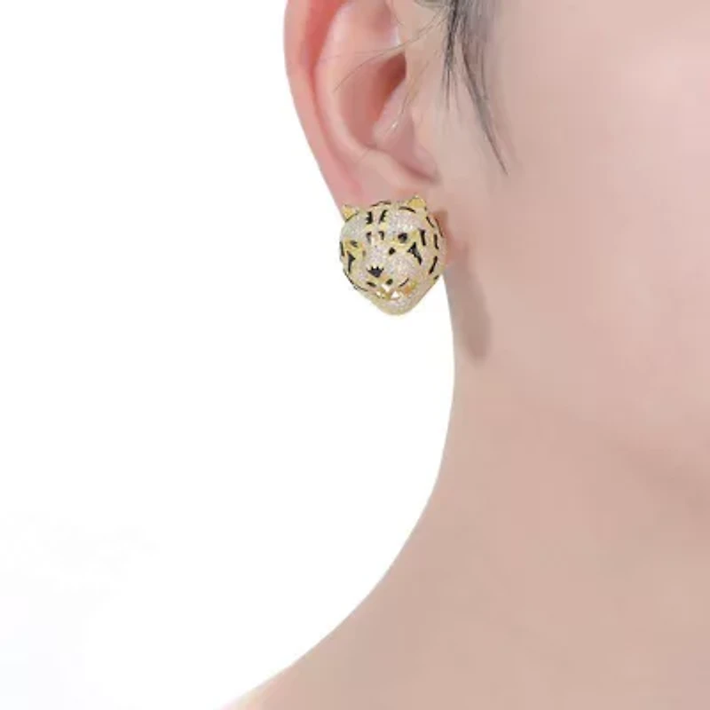 Lab Created Sterling Silver 14K Gold Plated with Clear Cubic Zirconia Leopard Head Stud Earrings