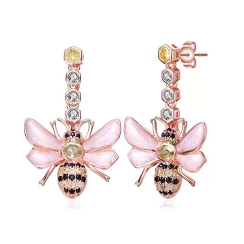 Lab Created Sterling Silver 18K Rose Gold Plated with Clear Cubic Zirconia Floral Drop Butterfly Earrings