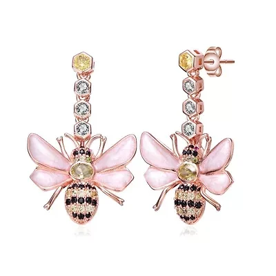Lab Created Sterling Silver 18K Rose Gold Plated with Clear Cubic Zirconia Floral Drop Butterfly Earrings