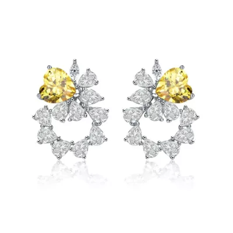 Lab Created Sterling Silver White Gold Plated with Yellow Cubic Zirconia Floral Stud Earrings