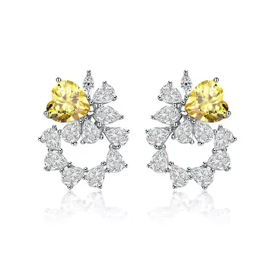 Lab Created Sterling Silver White Gold Plated with Yellow Cubic Zirconia Floral Stud Earrings