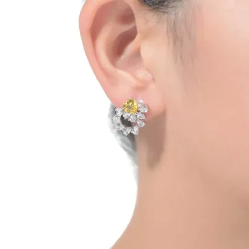 Lab Created Sterling Silver White Gold Plated with Yellow Cubic Zirconia Floral Stud Earrings