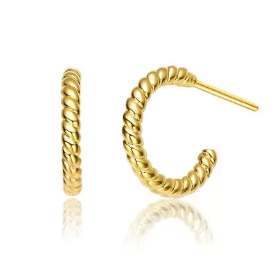 Lab Created Sterling Silver 14K Gold Plated Ribbed Open Hoop Post Earrings