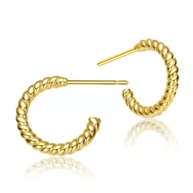 Lab Created Sterling Silver 14K Gold Plated Ribbed Open Hoop Post Earrings