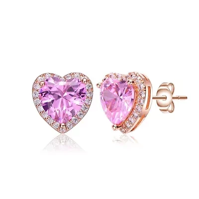 Lab Created Charming Sterling Silver Heart Stud Butterfly Earrings with 18K Rose Gold Plating and Pink Cubic Zirconia