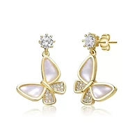 Lab Created Sterling Silver 14K Gold Plated with Mother of Pearl Butterfly Drop Earrings