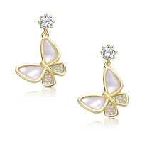 Lab Created Sterling Silver 14K Gold Plated with Mother of Pearl Butterfly Drop Earrings