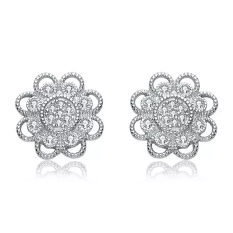 Lab Created Sterling Silver White Gold Plated with Clear Cubic Zirconia Round Lace Design Earrings