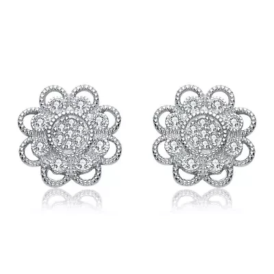 Lab Created Sterling Silver White Gold Plated with Clear Cubic Zirconia Round Lace Design Earrings
