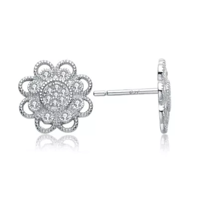 Lab Created Sterling Silver White Gold Plated with Clear Cubic Zirconia Round Lace Design Earrings