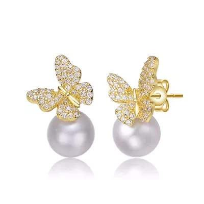 Lab Created 14k Yellow Gold Plated with Pearl Cubic Zirconia Butterfly Earrings in Sterling Silver