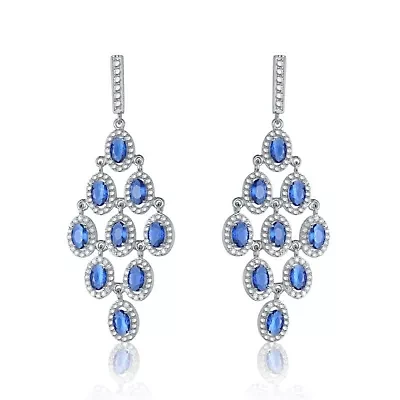 Lab Created Sterling Silver White Gold Plating with Sapphire Blue Cubic Zirconia Chandelier Earrings