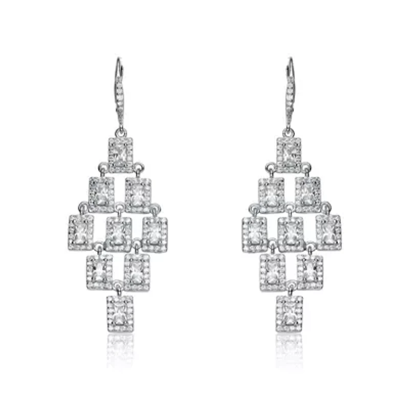 Lab Created Sterling Silver White Gold Plated with Clear Square Shape Cubic Zirconia Chandelier Earrings