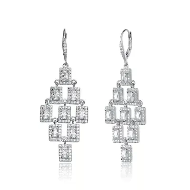 Lab Created Sterling Silver White Gold Plated with Clear Square Shape Cubic Zirconia Chandelier Earrings