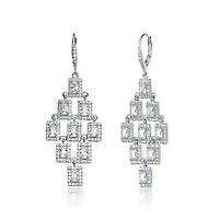 Lab Created Sterling Silver White Gold Plated with Clear Square Shape Cubic Zirconia Chandelier Earrings