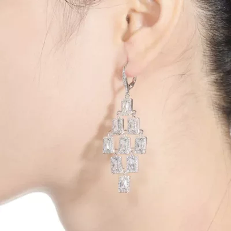 Lab Created Sterling Silver White Gold Plated with Clear Square Shape Cubic Zirconia Chandelier Earrings