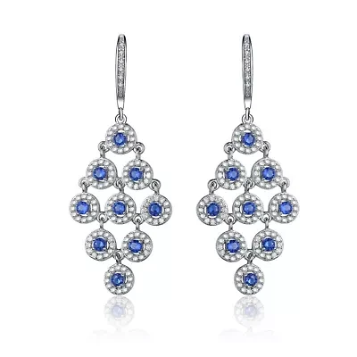 Lab Created Sterling Silver White Gold Plated with Sapphire Blue Cubic Zirconia Chandelier Earrings