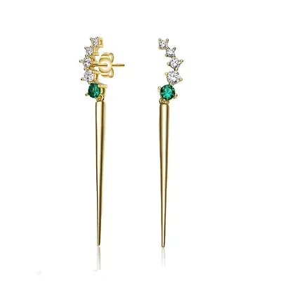 Lab Created Elegant Waterfall Spike Dangle Earrings in 14k Yellow Gold Plating with Emerald & Cubic Zirconia